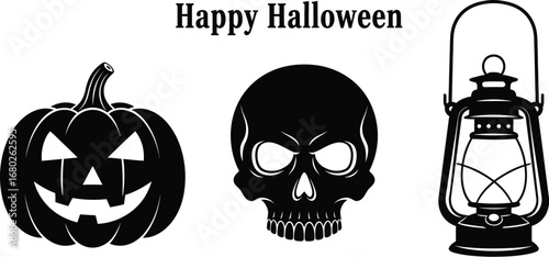 Halloween pumpkin, skull, and lantern icons, perfect for spooky season designs and decorations