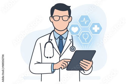 Doctor with Digital tablet: A professional doctor, donning a crisp white coat and stethoscope, consults a digital tablet. surrounded by futuristic medical icons.