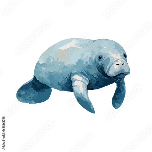 Watercolor Manatee Depicted in Shades of Blue Facing Forward with Calm Expression