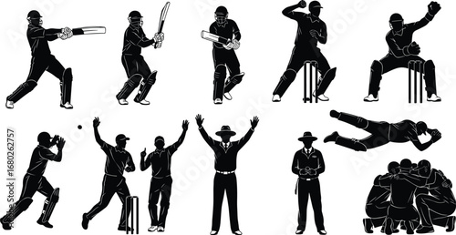 Cricket players action silhouettes batting, bowling, catching, fielding, umpire signals, team celebration, cricket game moments, sports silhouettes, cricket match