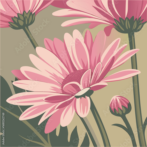Close-up Artistic Illustration of Pink Gerbera Daisies and Buds daisy flowers