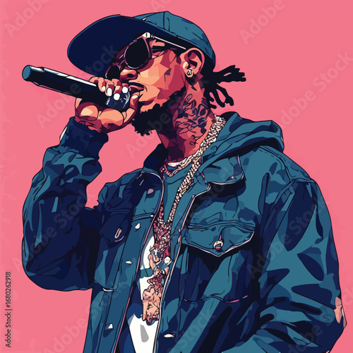 Cartoon Style Artistic Illustration of Rapper with Microphone and Chain