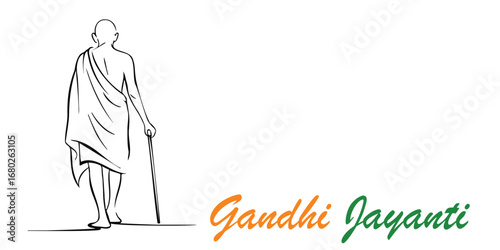Minimalist Gandhi Jayanti illustration with Mahatma Gandhi walking from behind, holding stick, and tricolor text honoring peace and simplicity