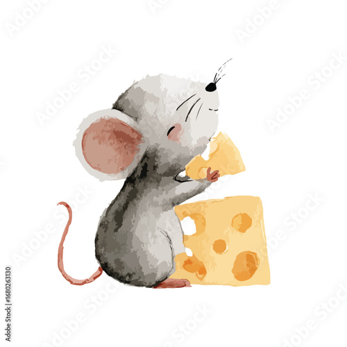 Watercolor Mouse Joyfully Nibbling a Cheese Wedge with Delightful Expression