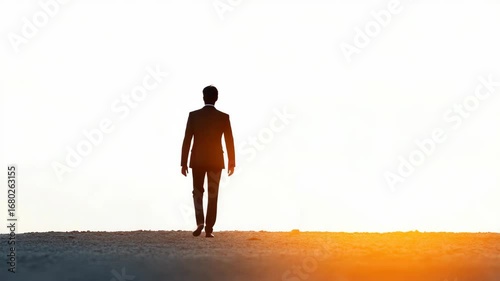 Asian man in suit walking away at sunrise