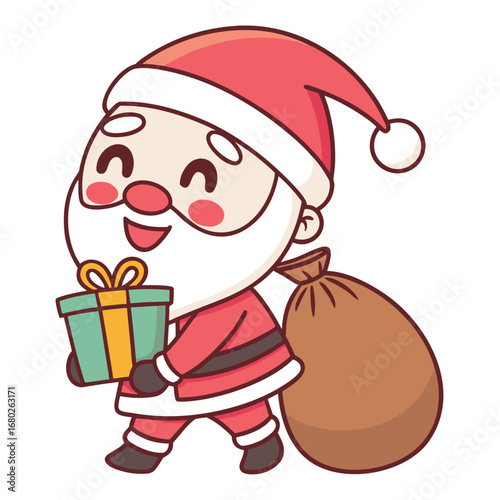 Cute Santa Claus carrying a gift and a sack of presents Christmas