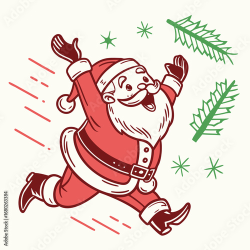 Energetic cartoon of Santa Claus running with arms raised, surrounded by pine branches and festive elements