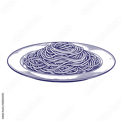 Artistic hand drawn illustration of a plate of spaghetti pasta isolated on white background