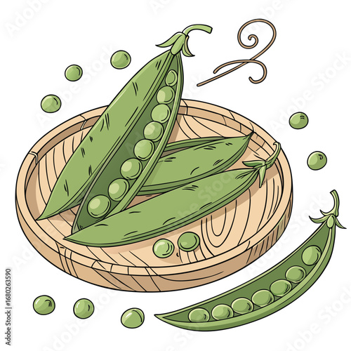 Fresh green pea pods and scattered peas on a wooden plate with decorative swirl on white background vegetable