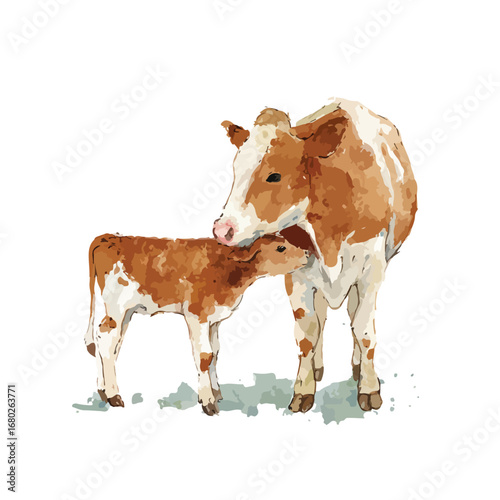 Watercolor Painting of Cow and Calf Tenderly Nuzzling