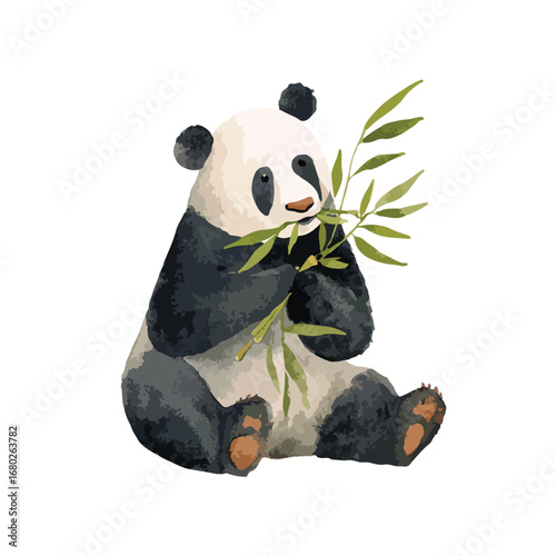 Watercolor Panda Enjoying Bamboo Depicting Peaceful Eating and Nature