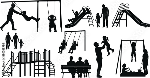 Family and children playing at playground, swings, slides, parents supervising kids, outdoor park activities, fun, parenting, togetherness, silhouette icons