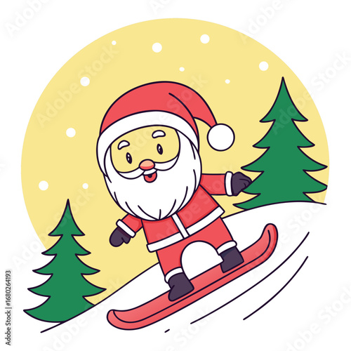 Santa Claus snowboarding down a snowy slope with pine trees winter sport