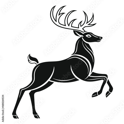 Stylized black silhouette of a leaping stag with ornate antlers and body markings on a white background
