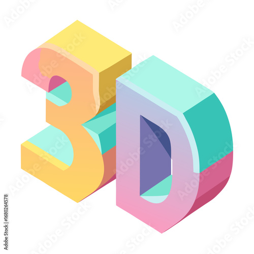 3D soft-edged pastel block letters forming “3D”, floating on white background for design compositing