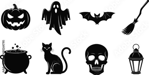 Halloween silhouettes featuring a pumpkin, ghost, bat, broom, cauldron, cat, skull, and lantern for spooky designs