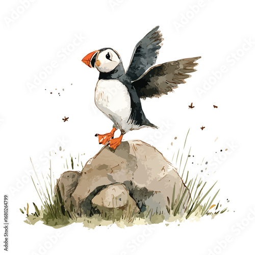 Watercolor Puffin with Outstretched Wings Perched on a Stone