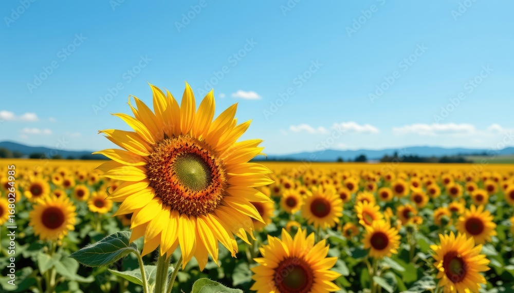 Fototapeta premium Bright and Cheerful Sunflower in Vibrant Field Under Clear Blue Sky on a Sunny Day