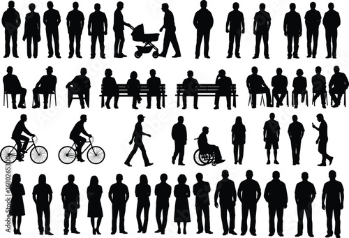 Silhouettes of people walking, sitting, cycling, standing, social interaction, diverse poses, daily life activity, urban lifestyle, public space illustration