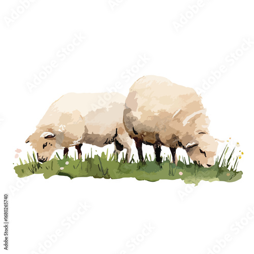 Watercolor Sheep Grazing in Lush Green Meadow Peaceful Pastoral Scene