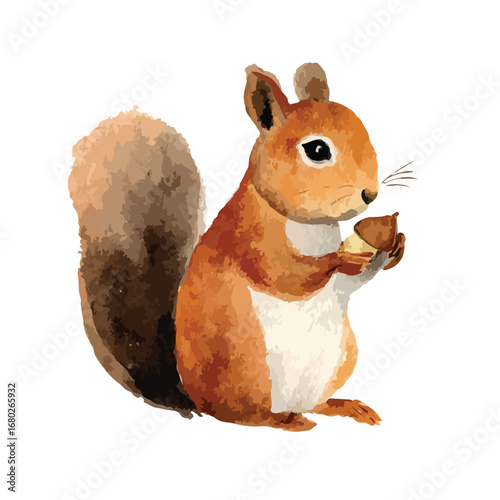 Watercolor Squirrel Holding Acorn Autumnal Forest Creature