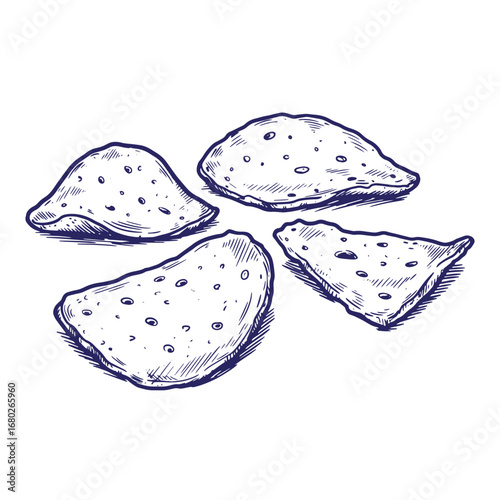 Artistic illustration of four hand drawn pieces of flatbread, sketched in dark blue ink