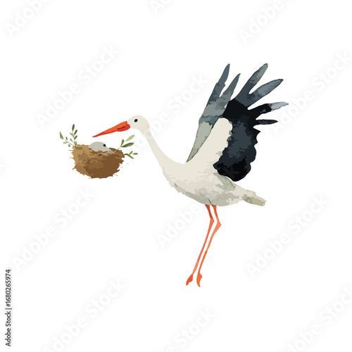 Watercolor Stork in Flight Carrying a Nest with Eggs and Greenery