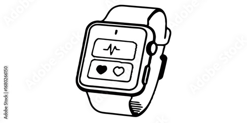 Illustration of a smartwatch with health monitoring features displayed on its screen in black and white