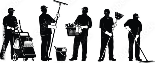 Silhouettes of professional janitors cleaning, maintenance staff with tools, mop bucket, broom, squeegee, floor cleaning, sanitation workers, janitorial service, cleaning equipment