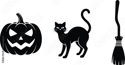 Halloween icons set with pumpkin, cat and broom for halloween party decoration and celebration design