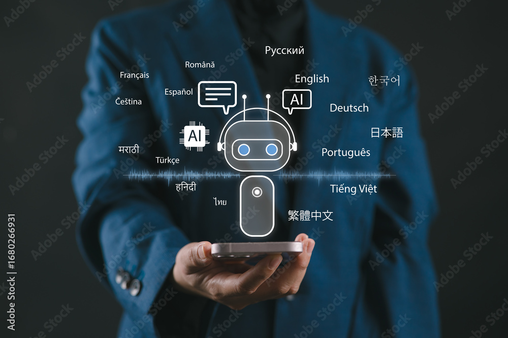 Fototapeta premium Woman using AI language translation chatbot app on smartphone, displaying multiple global languages like English and more, symbolizing multilingual communication technology.