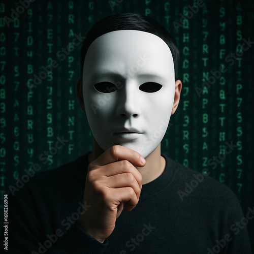 Anonymous person holding theatrical mask with digital code background representing identity theft, online scam, and fraudulent internet activity