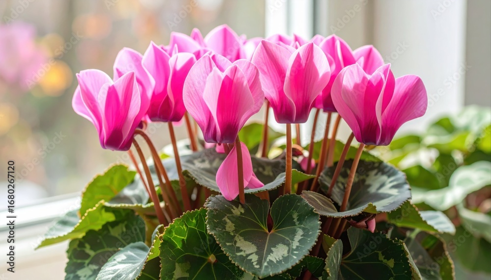Obraz premium Group of pink cyclamen flowers with variegated leaves.