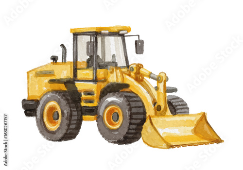 Watercolor yellow wheel loader isolated on white background