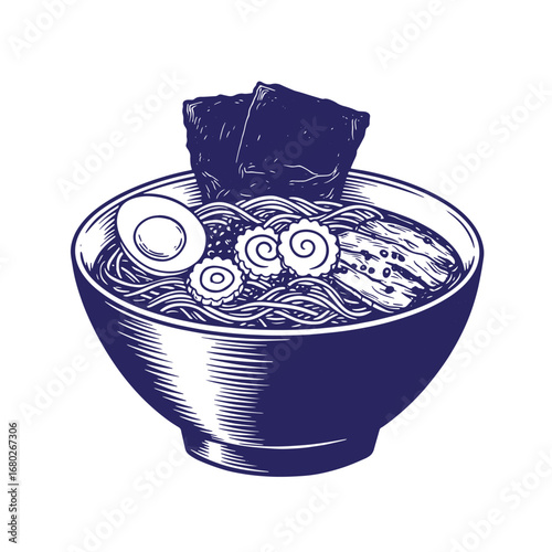 Delicious japanese ramen bowl illustration featuring noodles egg seaweed and fish cakes