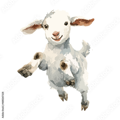 Watercolor Style Lamb Leaping with Joyful Expression and Floppy Ears