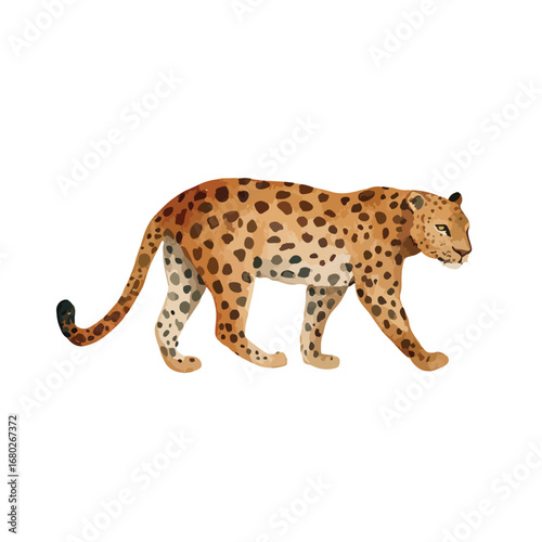 Watercolor Style Leopard Walking with Spotted Coat and Focused Gaze