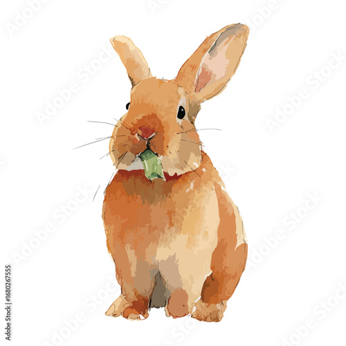 Watercolor Style Orange Rabbit Enjoying Greens