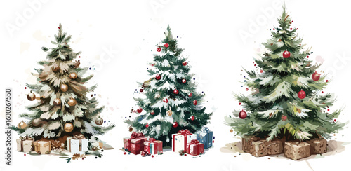 Christmas tree traditionally decorated with toy balls, gift boxes and covered in snow isolated watercolor clipart. new year winter clipart.