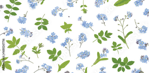 Seamless watercolor floral pattern. Hydrangea, myosotis, rose, peony. Blue green white flowers, leaves on white background