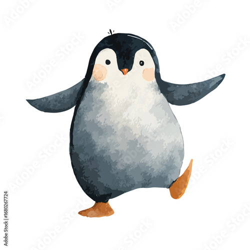 Watercolor Style Penguin with Arms Outstretched and One Foot Raised