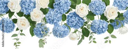 Seamless watercolor floral border. Hydrangea, myosotis, rose, peony. Blue green white flowers, leaves on white background.