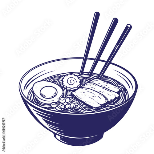 Delicious japanese ramen bowl with egg pork belly and noodles in a dark blue illustration