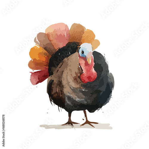 Watercolor Style Turkey Portrait Intense Gaze and Vibrant Tail Feathers