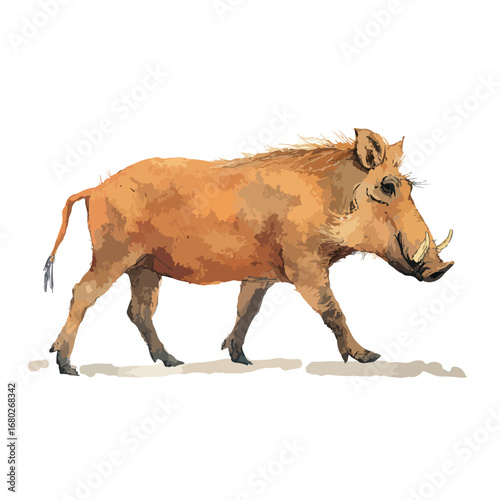 Watercolor Style Warthog Striding with Prominent Tusks and Bristly Mane
