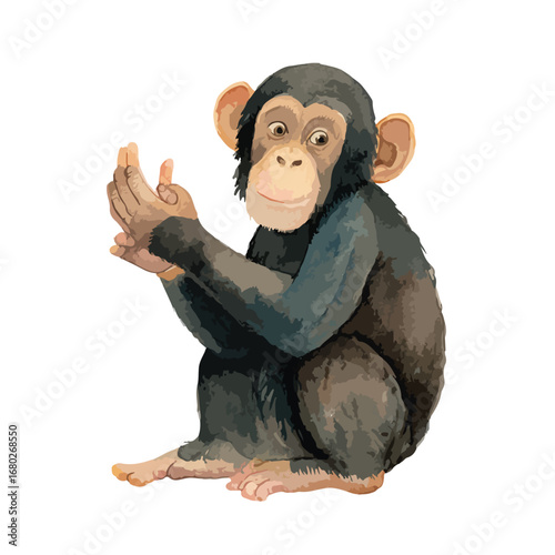 Watercolor Style Young Chimpanzee Sitting Palms Together