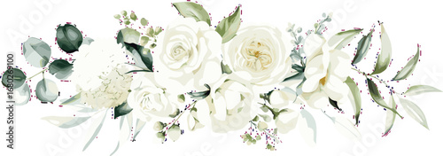 Watercolor floral illustration bouquet - white flowers, rose, peony, green and gold leaf branches collection. Wedding stationary, greetings, wallpapers, fashion, background. Eucalyptus, olive