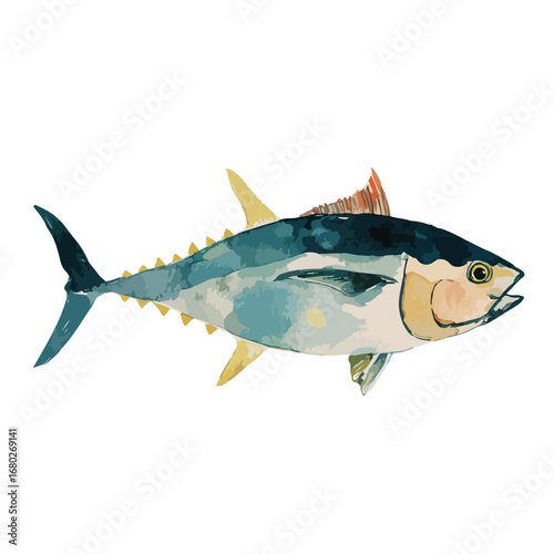 Watercolor Tuna Fish Illustration with Detailed Fins and Shimmering Blue Scales