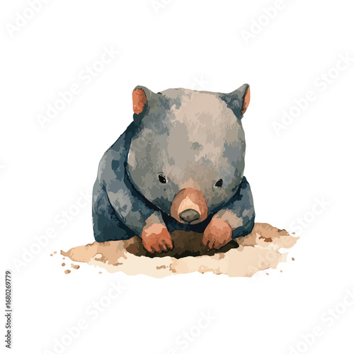 Watercolor Wombat Emerging from a Hole with Curious Expression