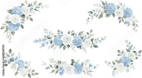 Watercolor floral illustration set. Hydrangea myosotis rose peony blue white flowers, green leaves branches collection